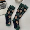 Green diamond grid Japanese department all-match calf socks college style socks women's tube socks retro rhombus stockings ins tide - Image 2