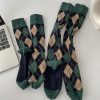 Green diamond grid Japanese department all-match calf socks college style socks women's tube socks retro rhombus stockings ins tide - Image 3